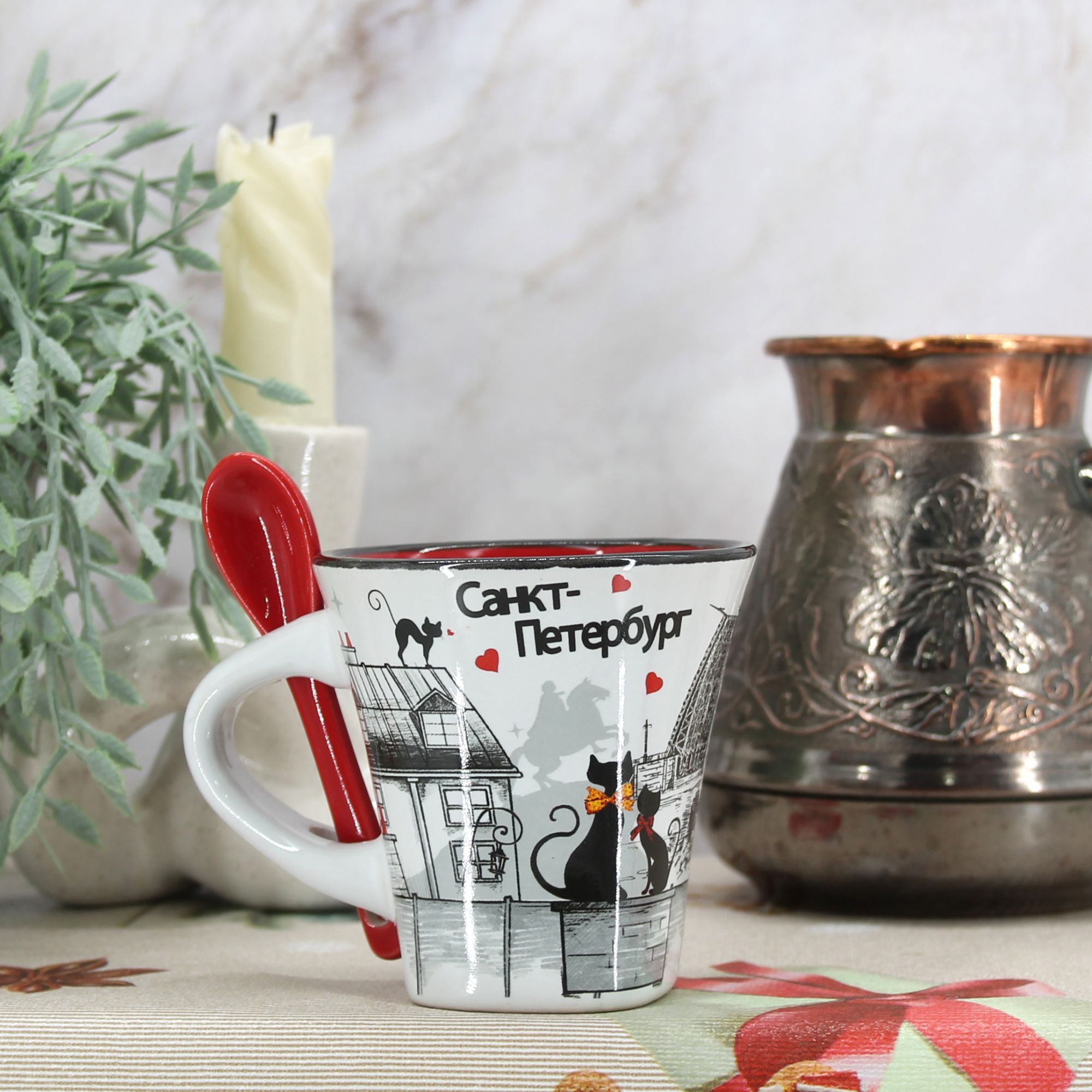 Миниатюра 1. Изделие "Подарочный набор Сувенир кофейная кружка и ложка "Санкт-Петербург" № 2", цвет без цветов, категория "Сопутствующие товары".